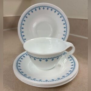 Vintage C hook Corelle Snowflake Blue cups and saucers SET OF 4